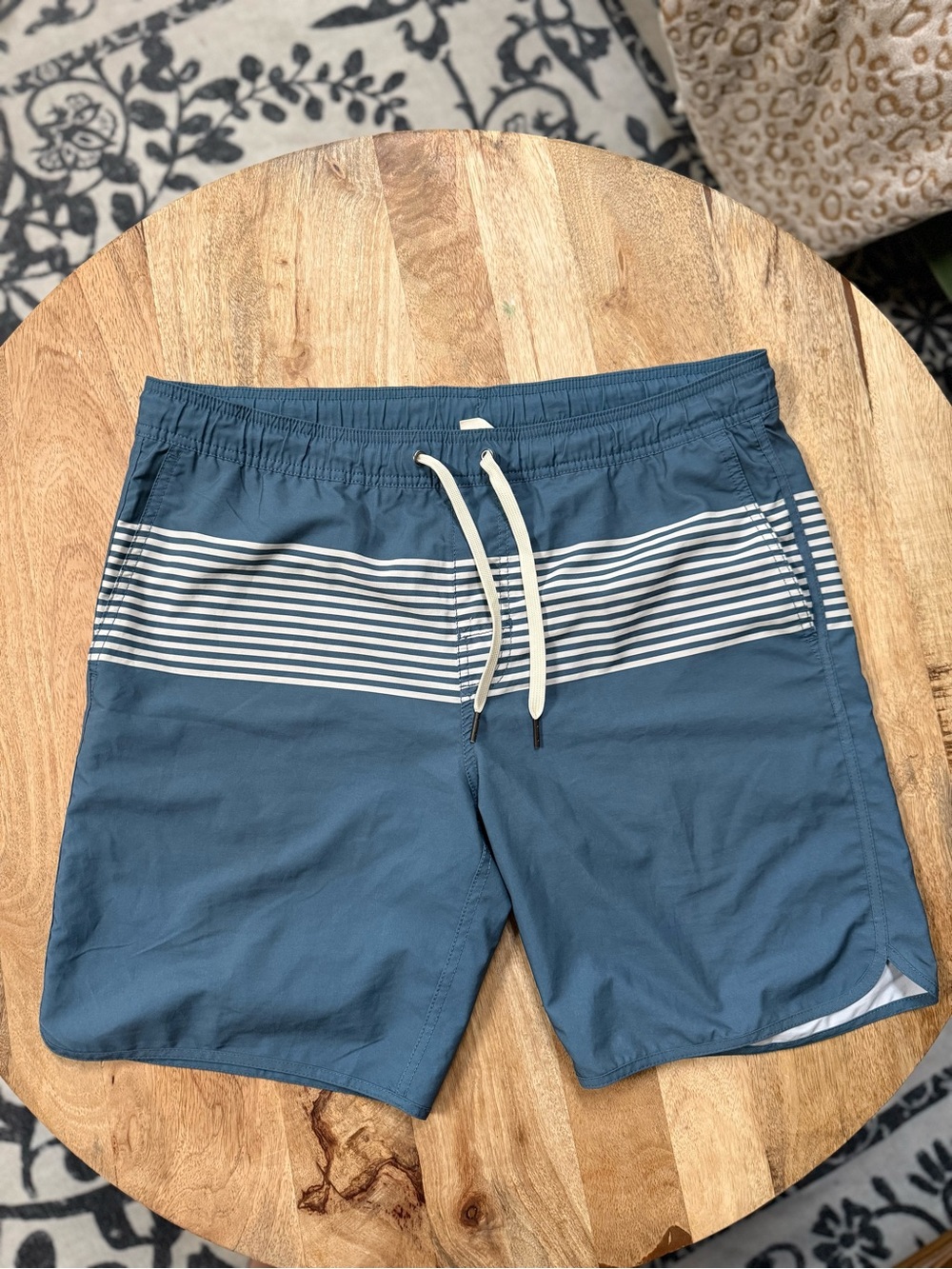 Fair Harbor Blue Swim Trunks with White Stripes